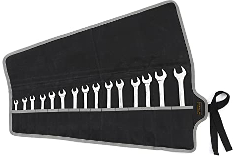 Werkzeugrolle, langlebige gewachste Leinwand Schraubenschlüssel Set Roll Pouches 15 Taschen, Mehrzweck-Roll-up-Werkzeugtasche mit Riemen (67.5CM X 31.5CM, Schwarz）