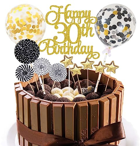 Jxuzh Tortendeko 30. Geburtstag Schwarz Gold - Happy Birthday Glitter Cake Topper für Männer und Frauen - Kuchendeko 30 Jahre