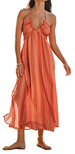 CUPSHE Damen Sommerkleid V Ausschnitt Ärmellos Neckholder Lang Freizeitkleider Beach Smocked Maxi Dress Rougefarbe L