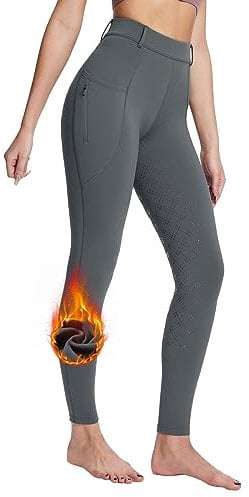 Baleaf Damen Winter-Reithose Fleece Vollbesatz Reißverschluss-Taschen Leggings Grau XL