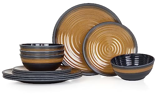 Moritz Vajilla de melamina para camping para 4 personas, 12 piezas, apta para lavavajillas, vajilla de pícnic, vajilla de camping, diseño de curry de piedra