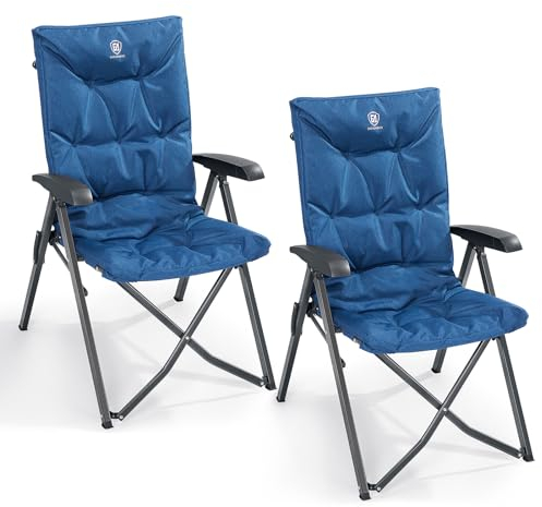 EVER ADVANCED Luxury Camping Chairs 2 Set for Adults Heavy Duty High Back Oversized Folding Garden Chair Comfy Padded 6cm Loadable 150kg Cam Adjustable Dining Chairs 4-Position Recliner Chair Blue