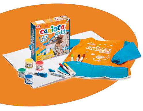Carioca Caja de Juego para Bebé 2+ | Set de 12 Productos para Bebés + 1 Hoja de Papel 70x45 cm | Incluye Rotuladores, Témpera, Pincel, Delantal y Hoja de Papel | 13 piezas