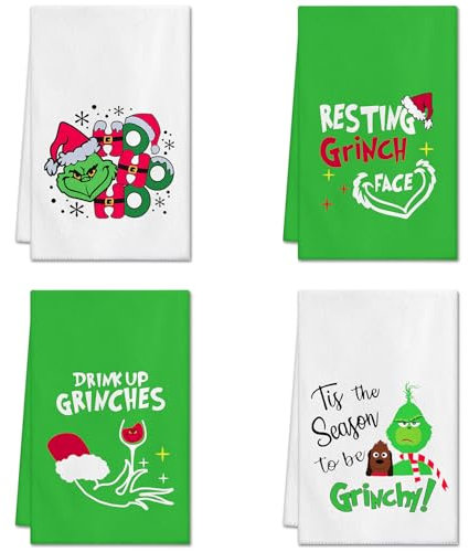 Ohok 4 Stück Weihnachten Handtücher 45x65 cm, Mode Dekoration Küchentücher Grich Weihnachtsmann Geschirrtücher Weiche Mikrofasertücher für Badezimmer Küche Trockentuch Weihnachten Deko (Set C)