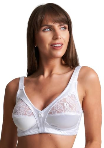 reshmena® Womens Floral Lace Non-Wired Bra Firm Control Soft Cup Satin Lace Bra - Women’s Non-Wired Full Cup Non-Padded Underwear Bra (UK, Cup & Band, DD, 40, White)