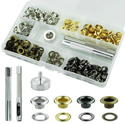 Set di 120 strumenti per occhielli da 6 mm, con punzonatrice per fori, strumento di fissaggio e base in metallo, occhielli per tessuto, pelle, vestiti, tela (argento/verde bronzo/oro/grigio)