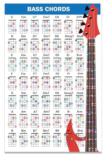 QMG Bassgitarren-Akkord-Poster (27,9 x 43,2 cm), Bassgitarren-Zubehör, laminierte Bass-Akkord-Diagramm, 49 farbkodierte Akkorde, Anfänger-Bassakkorde, Diagramm zum Lernen von Musiktheorie