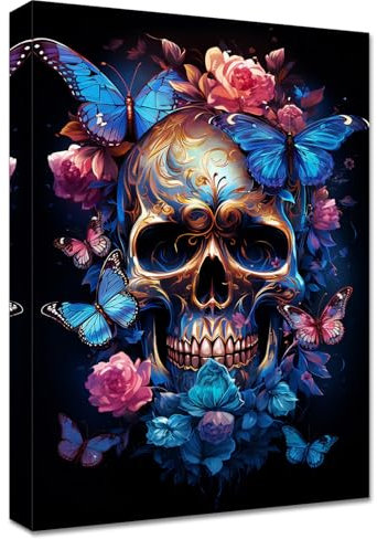 Cadre en Bois Impression sur Toile Fleurs de Roses Crâne Tableau Affiche Decoration Murale Image sur Toile Papillon Bleu Squelette d'or Tableau Decoration Murale Salon Galerie Couloir Bar 30x40cm