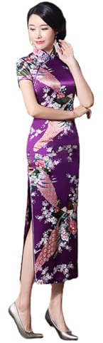 Chinese Style Dress Improves Cheongsam Temperament, Retro Long Silk Printed Daily Banquet Women's Performance Clothing (Purple,XXXL)