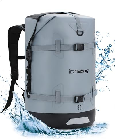 IDRYBAG Dry Bags Wasserdichter Rucksack für Reisen, Trockensäcke für Kajakfahren, wasserdichte Taschen für Bootfahren, Schwimmen, Reisen, schwimmendes Paddelboarden, Tauchrucksack (35 l), grau, 35L,