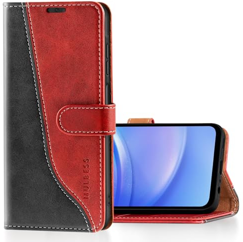 Mulbess für Samsung Galaxy A15 5G Hülle, Handyülle Leder mit Kartenfach, Klapphülle mit Magnetverschluss, Flip Case Etui Handytasche Schutzhülle, Stilvoll Wein Rot