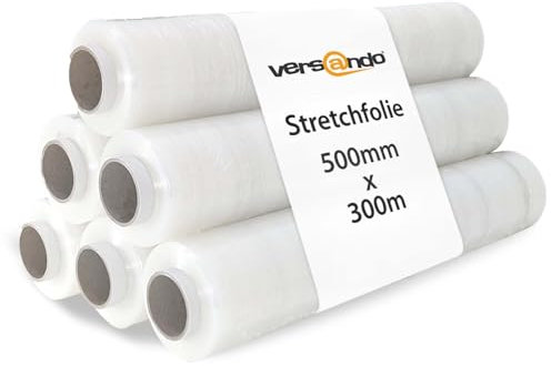 versando 6 Rollen Stretchfolie 500mm x 300m transparent reißfest leicht abrollbar Handstretchfolie 17my