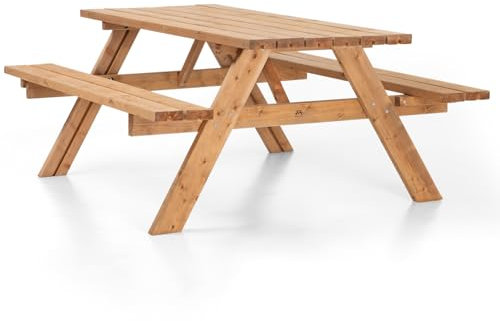 Amata Klassischer Design Picknicktisch mit faltbaren Sitzen, UNGURS Collection - Wetterfester Picknicktisch aus Holz für den Außenbereich, perfekt für Garten und Terrasse (Braun)