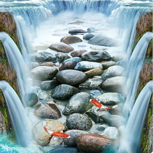 Wasserfall Steine ​​Fisch 3D Boden Tapete PVC Selbstklebende Wasserdichte 3D Bodenbelag Fliesen Aufkleber Wohnzimmer Badezimmer Dekor Wandbild, 430 cm x 300 cm