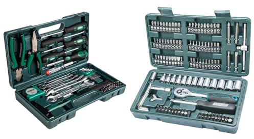Brüder Mannesmann Werkzeuge M29032 Werkzeugkoffer, 47-teilig, Grün (Matt), (L x B x H) 335 x 335 x 195 mm & M29166 130-tlg. Steckschlüssel- und Bitsatz