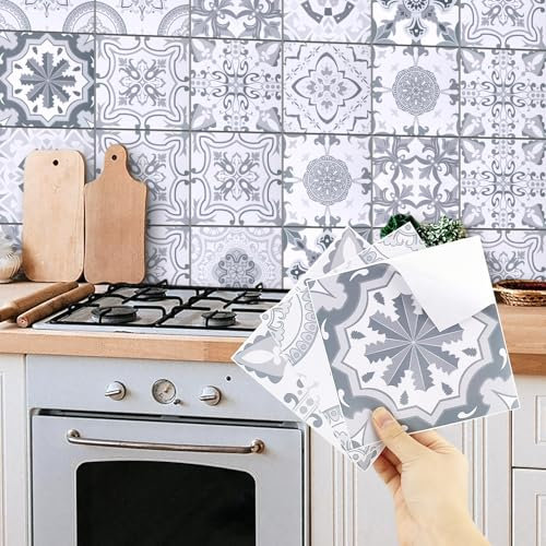 24pcs Moroccan Tile Stickers, Kitchen Bathroom Wall Tile Stickers Peel and Stick on Tile Transfers Covers Decals Self Adhesive Vinyl Waterproof Victorian Vintage Mosaic (Grey Mix，15cm x 15cm)