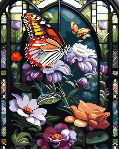 Yoonqun Malen Nach Zahlen Erwachsene,Blumen Schmetterlinge DIY ohne Rahmen Ölgemälde auf Leinwand Erwachsene Kinder Ölgemälde Kit mit Pinseln und Acrylfarbe für Home Décor 40x50cm