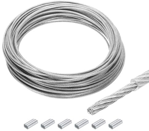 QUARKZMAN 30m Cable de Acero Inoxidable 304, 4mm OD Kit de Cuerda de Alambre con 6pcs Doble Orificio Aluminio Mangas PVC Recubierto para Cuerda Tendedero, Suspensión, Planta, Transparente