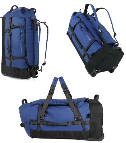 Vomgomfom 86L Faltbare Reisetasche auf Rädern, Wasserdichter Rollrucksack mit Gestepptem Boden, Marineblau