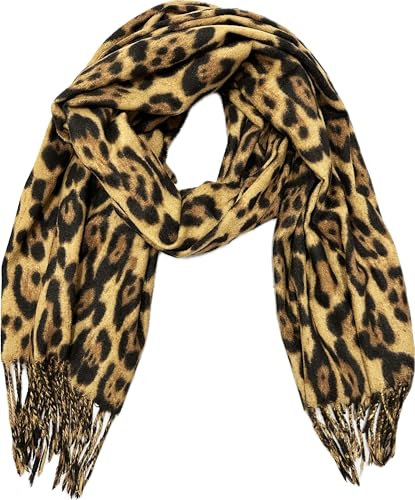 J26 XXL Leopard Schal Herbst Winter Schal Stola Tuch Übergangsschal Baumwolle mit Fransen Leo (Braun)