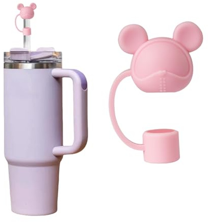 Cute Teddy bear Silicone Straw Topper for Stanley 30&40 Oz, Straw Cover Cap,Splash Proof Straw Topper,Reusable Straw Cap Cover,10mm Drinking Straw Tip Covers for Stanle (pink)
