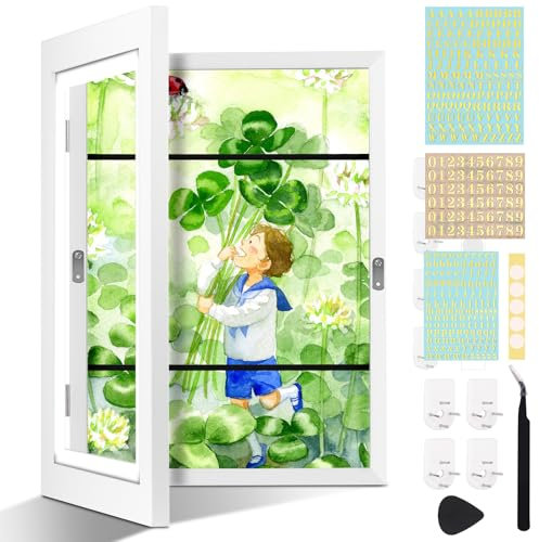 Bilderrahmen Kinderzeichnungen A3 Set, 34X46cm Kinder Kunst Rahmen Frontöffnung, Wandmontierter Befüllbar Bilderrahmen für Kinder, Rahmen für Kinderbilder (Weiß (Aufkleber + Pinzette))