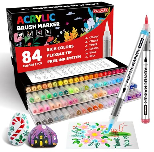 colpart 84 Colors Direct-Flow Acrylic Paint Markers, Waterproof & Quick-Drying, Innovative Ink Control Design, Non-Toxic Acrylic Pens for Rock, Glass, Wood, Ceramic, and Porcelain