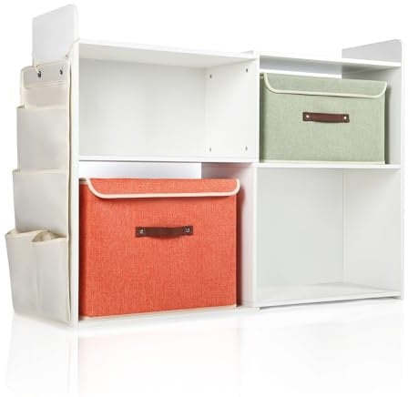pioncrey Large Toy Storage 110 x 80cm, 2 Fabric Storage Boxs and Hanging Pocket, 2in1 Expandable Wood Kids Bookshelf unit, Eco-Friendly Children's Bookcase for Nursery, Bedroom, Playroom