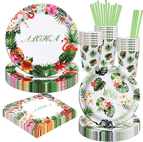 125 pièces Hawaïenne Vaisselle Rose Aloha Fête Décoration Flamingo Jungle Tropical Anniversaire Assiette Serviette en Papier Plage Bord de Mer Fête Déco Fille Garçon