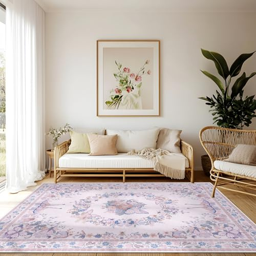 Teppich Wohnzimmer Waschbarer, Blumen Kurzflor Teppich Großer, Weicher Vintage Schlafzimmer Teppiche Waschbar Rutschfest & Pflegeleicht Design für Esszimmer Büro Bereich Dekor Rosa Größe 160x230cm