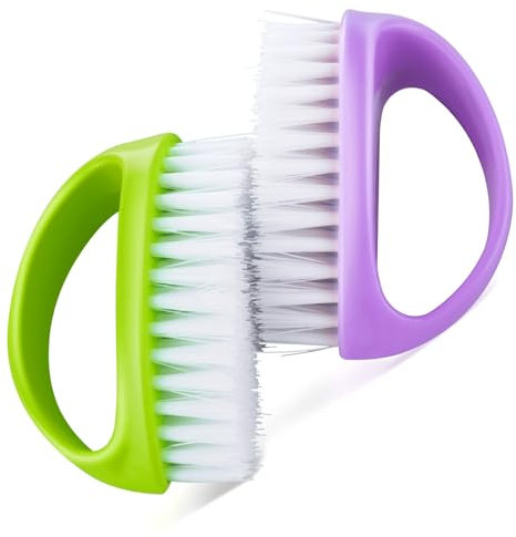 HJZHII 2 Pcs Hand and Nail Brush, Heavy Duty Scrub Clean Brushes with Nylon Bristles for Cleaning Soft Stiff Fingernails Fingers Toes and Nails Men Women (Green, Purple)
