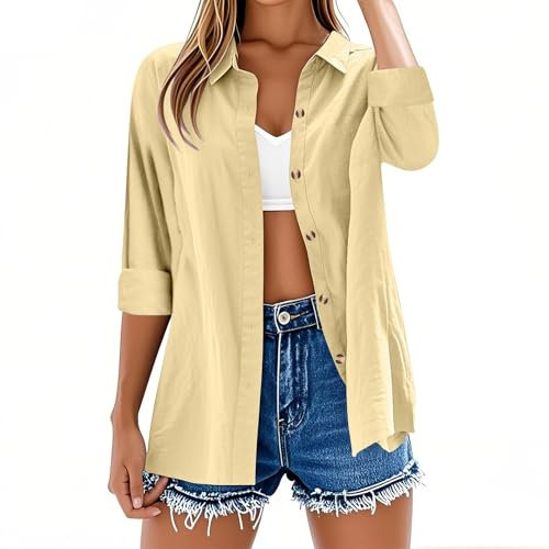 Womens Tops Long Sleeve Casual Button Down Cotton Linen Shirts Solid Color Summer Tshirts V Neck Roll Up Collared Loose Oversized Tees Lightweight Dressy Blouses Office Work Ladies Tunic Tops Yellow