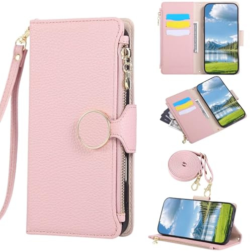 Rnrieyta Zipper Wallet Cover for iPhone 6S/6,Stylish PU Leather Crossbody Case with Wrist Strap Card Slots Shoulder Lanyard Cash Holder Full Body Bumper for Girls Women Pink