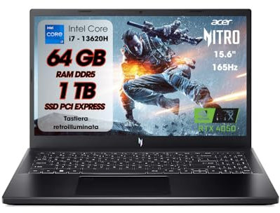 acer Nitro V 15 PC Gaming, Notebook Gaming i7-13620H, 64GB RAM DDR5, SSD 1TB, Pantalla 15,6 FHD IPS 165Hz, NVIDIA GeForce RTX 4050 (6GB GDDR6), teclado retroiluminado, PC portátil, portátil Gaming