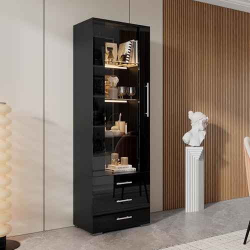 Merax Glasvitrine mit LED Beleuchtung, Vitrinenschrank Hochglanz Schwarz mit Türen und 3 Schubladen, 180cm Hochschrank, Bücherschrank Küchenschrank, Mehrzweckschrank für Wohnzimmer Schlafzimmer Büro