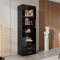 Merax Vitrine en verre avec éclairage LED noir brillant avec portes et 3 tiroirs, armoire haute de 180 cm, armoire polyvalente pour salon, chambre à coucher, bureau