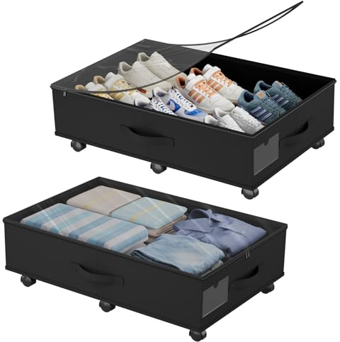 Babenest 2-Pack Under Bed Storage Organizer with Clear Zippered Lid, Foldable Rolling Underbed Drawers on 6 Wheels, Space Saving Clothes, Shoes, Toy Storage for Bedroom, Dorm, Closet, Black-2