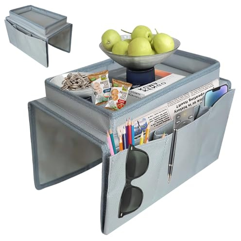 xiruiubao Sofatablett Armlehne Sofa Organizer,Sofa Tablett,Couch Ablage,Oxford-Stoff Couch Tablett für Bücher,Zeitschriften,Mobiltelefone,Fernbedienungen,Snacks,Brillen, Getränke,Taschentücher (Grau)