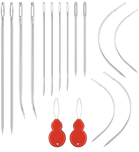 LIQWEI 14Pcs Leather Needles Hand Sewing, Heavy Duty Sewing Needle Set | with 2Pcs Threaders, Curved, Triangular Needles, for Upholstery, Leather, Canvas Repai