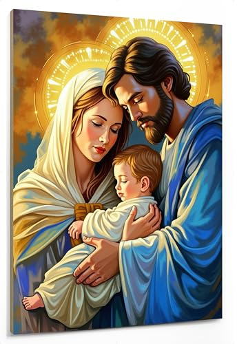 emmena Bild Heilige Kunst - Krippe - Heilige Familie - Himmelblaue Umarmung - 30 x 40 cm