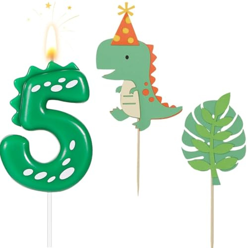 ZHAOYCSH Dinosaurier Geburtstagskerzen Zahlen 5, Grüne Kerzen für Kuchen mit 2 Stück Dino Cake Topper, Kindergeburtstag Dekoration für Jungen und Mädchen, Dino Partyzubehör, Geburtstagsfeier Kerzen