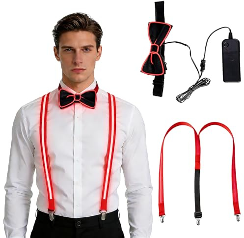 Herbst 2 Stück Leuchtende Herren LED Hosenträger und Fliege DREI Blinkmodi Geeignet für Musikfestivals Hochzeiten Halloween und Karneval(Rot)