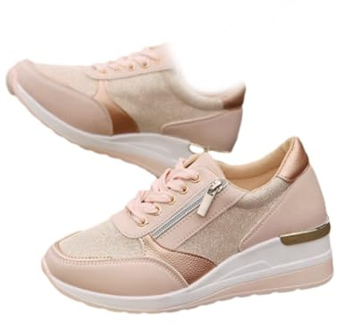 Scarpe da ginnastica con zeppa da donna, con plateau, con lacci, stile casual, con cerniera laterale, traspiranti, da tennis, rosa, 39 EU