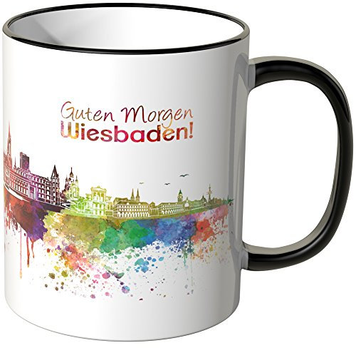 WANDKINGS® Tasse, Schriftzug Guten Morgen Wiesbaden! mit Skyline - SCHWARZ