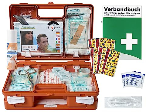 Erste-Hilfe-Koffer KITA PLUS inkl. Sprühpflaster nach aktueller DIN/EN 13157 für Betriebe inkl. DIN/EN 13164 für KFZ - incl. Verbandbuch