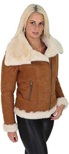 A1 FASHION GOODS Damen Echtes Lammfell-Jacke Doppelgesicht HELLBRAUN Merino Shearling Fliegermantel - Alexa (M - EU 38)