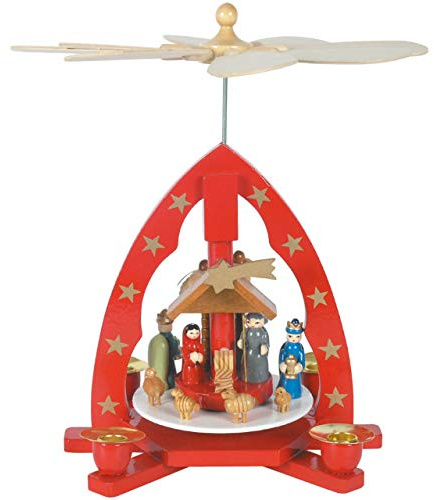 OBC Weihnachtspyramide/Krippenszene mit Heiligen DREI Könige rot/Pyramide Weihnachten/im Kunsthandwerks-Stil, handgefertigt/Deko zu Weihnachten