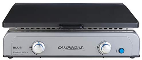 Campingaz Plancha, barbecue da tavolo a gas, griglia a gas con piastra in acciaio smaltato e 2 bruciatori in acciaio, griglia da tavolo con tecnologia BlueFlame per barbecue mediterraneo a la Plancha