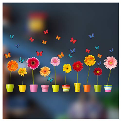 Stickers4 Blumentopf-Fensteraufkleber - 10 einzelne farbenfrohe Topfblumen-Fenster-Sticker mit statischer Haftung als Deko für Fenster und Glastüren - Groß