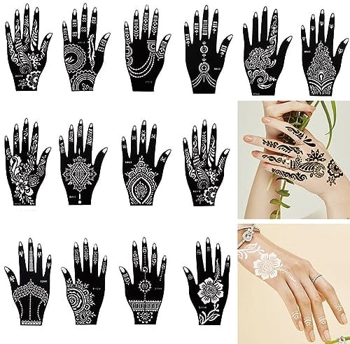 XMASIR 14 Blatt Henna Schablonen Tattoos Hand, Indische Arabische Temporäre Tattoo Schablone Mehndi Tattoo Stencils für Frauen Mädchen (7.8 x 4.2 inch)